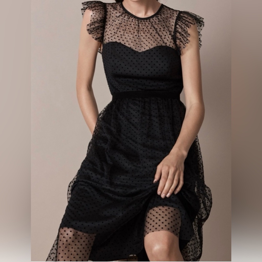 NWT Jason Wu Polka Dot Mesh Black Ruffle Sleeve Midi Dress Velvet Belt Size 4